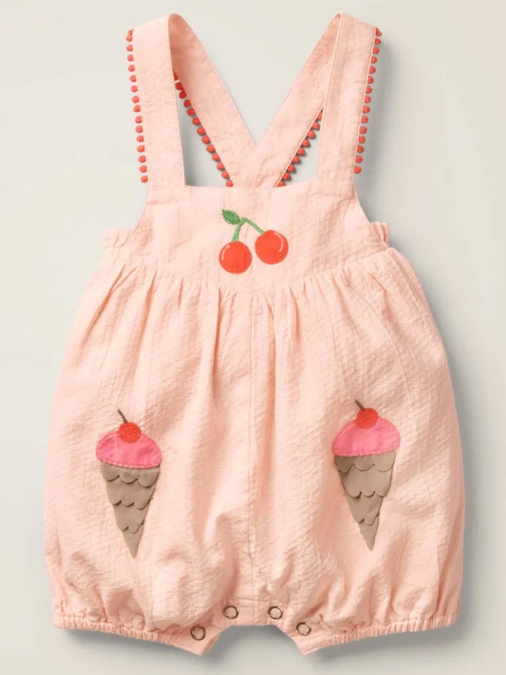 Baby Boden Cherry & Ice Cream Bubble Romper, Toddler Girl Mini Peach Pink Cotton